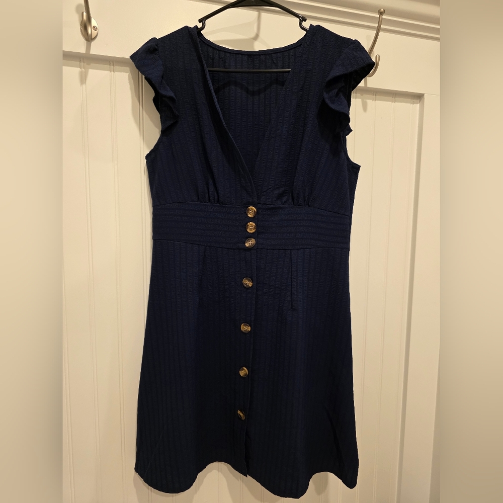 SHEIN Blue Gold Ruffled Buttoned Sheath Dress